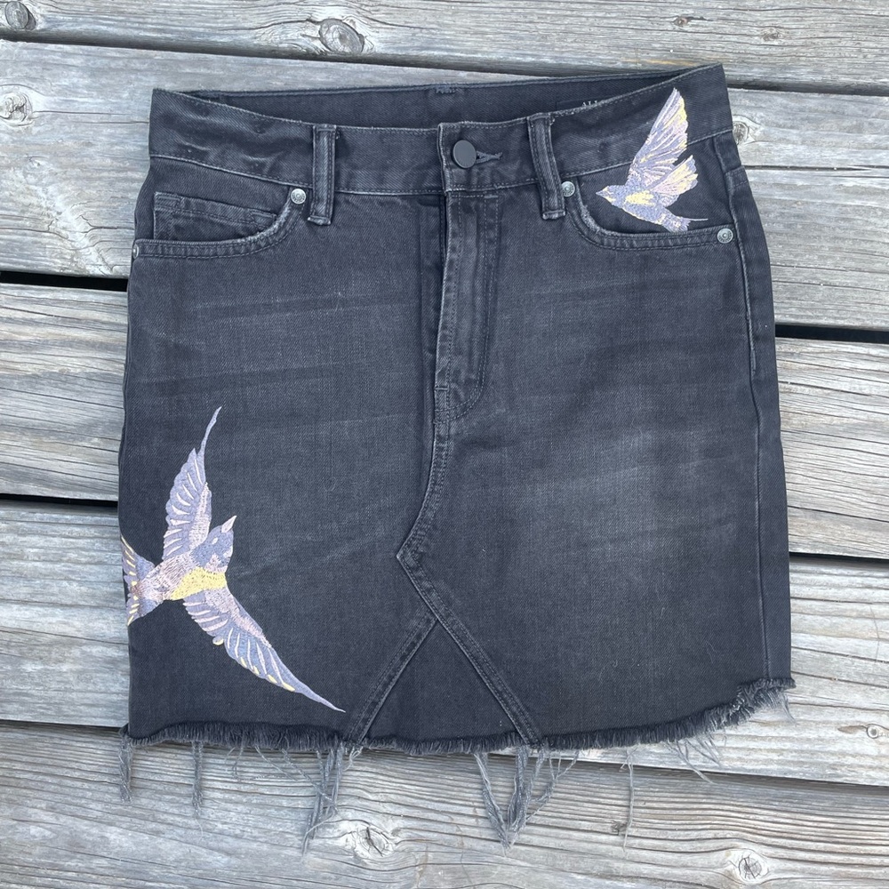 ALLSAINTS Birds Embroidered Denim Skirt Washed Black 2